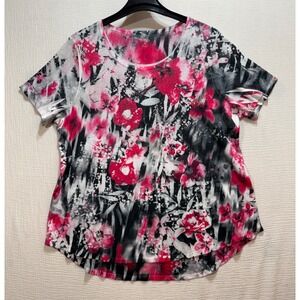 Style & Co Floral Blouse Womens 3X Pink Black Abstract Rhinestone Short‎ Sleeve